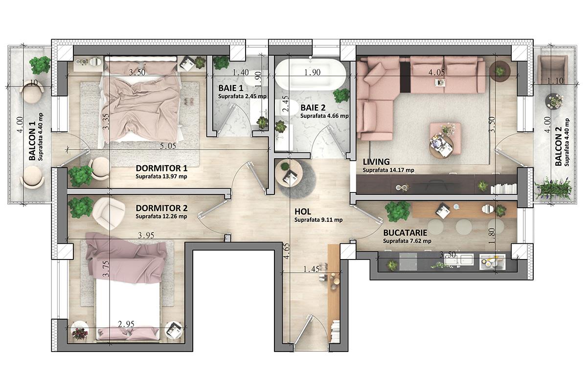 ASTORIA RESIDENCE Apartament 3 camere  D et 1 73 mp Lunca Cetatuii
