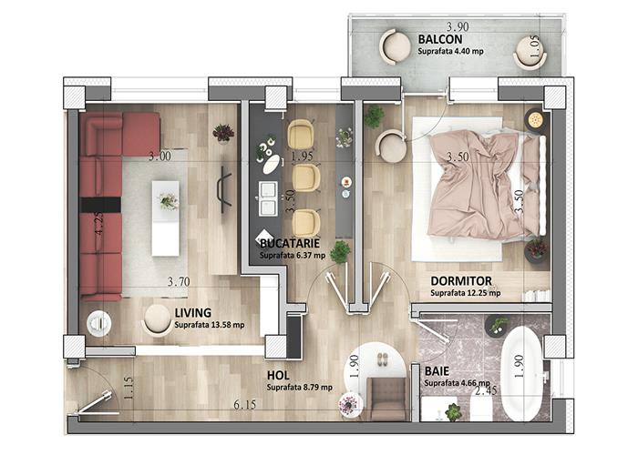 ASTORIA RESIDENCE Apartament 2 camere  D 50 mp et 1 Lunca Cetatuii